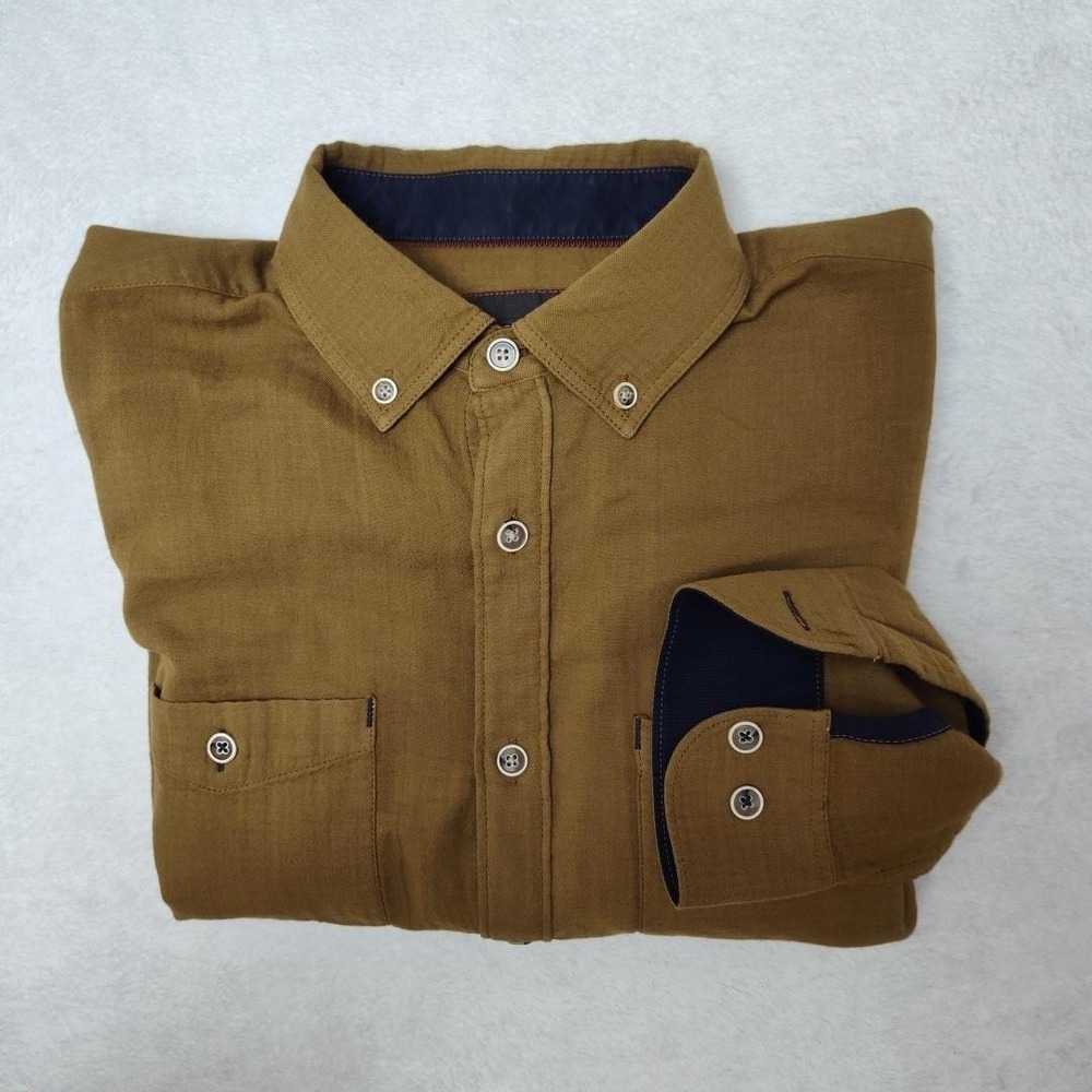 32 BAR BLUES Shirt Mens M Brown Button Up Long Sleeve Cotton Woven Casual